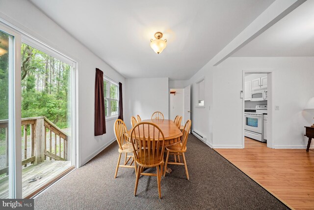 1211 Mcglaughlin Rd, Fishing Creek, MD 21634 - dining room featuring a baseboard heating unit, baseboards, and light wood-style flooring