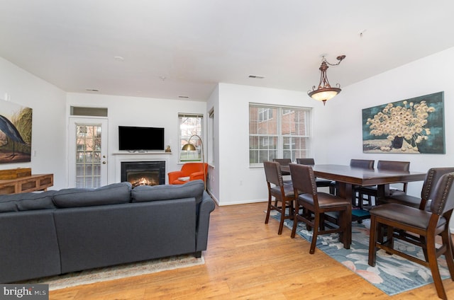 400 Symphony Cir Unit 149D, Cockeysville, MD 21030 - living area with light wood-type flooring, a lit fireplace, plenty of natural light, and baseboards