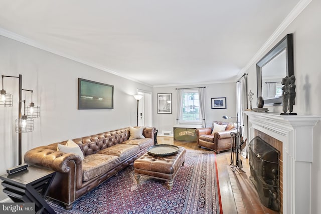 4831 Alton Pl NW, Washington, DC 20016 - living room with wood finished floors, crown molding, and a fireplace with flush hearth