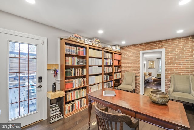 4831 Alton Pl NW, Washington, DC 20016 - office space with dark wood-type flooring, brick wall, and recessed lighting