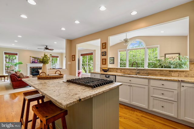 21381 Chickacoan Trail Dr, Broadlands, VA 20148 - kitchen featuring a sink, a ceiling fan, stainless steel appliances, light wood-style floors, and recessed lighting