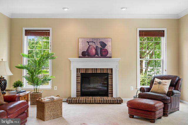 21381 Chickacoan Trail Dr, Broadlands, VA 20148 - living room featuring healthy amount of natural light, crown molding, a fireplace, and carpet