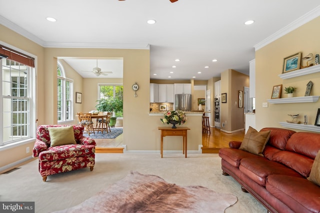 21381 Chickacoan Trail Dr, Broadlands, VA 20148 - living room featuring ceiling fan, light carpet, recessed lighting, crown molding, and baseboards