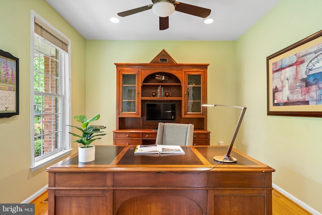 21381 Chickacoan Trail Dr, Broadlands, VA 20148 - office area featuring light wood-type flooring, baseboards, ceiling fan, and recessed lighting