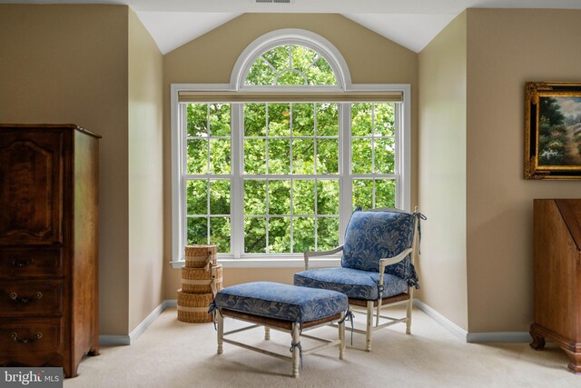 21381 Chickacoan Trail Dr, Broadlands, VA 20148 - sitting room with light carpet, baseboards, and vaulted ceiling