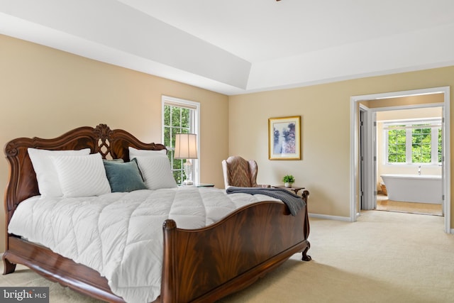 21381 Chickacoan Trail Dr, Broadlands, VA 20148 - bedroom featuring a raised ceiling, light carpet, baseboards, and ensuite bath