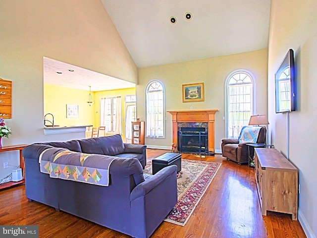 551 N Buckton Rd, Middletown, VA 22645 - living area with healthy amount of natural light, dark wood-style floors, a premium fireplace, and high vaulted ceiling
