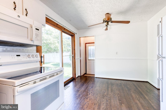 2 Idlewood St, Glen Burnie, MD 21061 - kitchen with white appliances, a textured ceiling, dark wood-type flooring, a ceiling fan, and white cabinetry