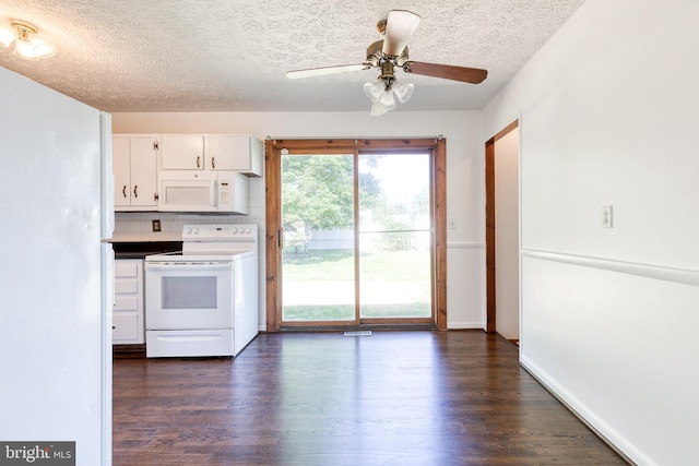 2 Idlewood St, Glen Burnie, MD 21061 - kitchen with white appliances, white cabinetry, a textured ceiling, dark wood-type flooring, and ceiling fan