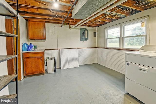 3176 S Hance Bridge Rd, Vineland, NJ 08361 - below grade area with washer / clothes dryer, electric panel, and a wainscoted wall