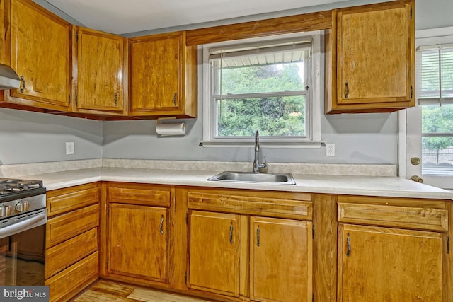 3176 S Hance Bridge Rd, Vineland, NJ 08361 - kitchen with stainless steel gas stove, a sink, and light countertops