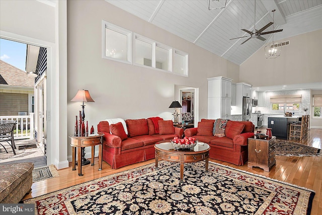 30558 Luff Ln Unit C-14, Ocean View, DE 19970 - living room with light wood-style floors, high vaulted ceiling, ceiling fan, plenty of natural light, and wood ceiling with exposed beams