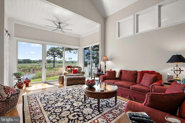 30558 Luff Ln Unit C-14, Ocean View, DE 19970 - living area with ceiling fan, wood finished floors, wood ceiling, and vaulted ceiling