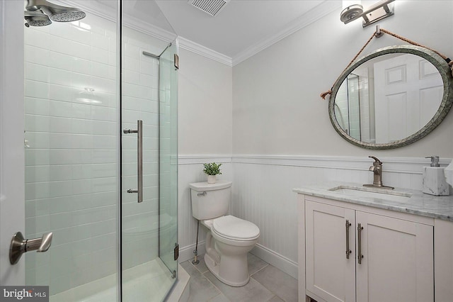 30558 Luff Ln Unit C-14, Ocean View, DE 19970 - full bathroom featuring a stall shower, vanity, toilet, ornamental molding, and a wainscoted wall
