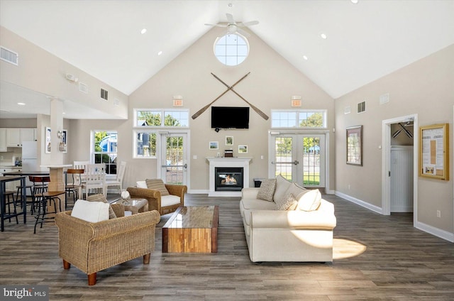 30558 Luff Ln Unit C-14, Ocean View, DE 19970 - living room with high vaulted ceiling, ceiling fan, wood finished floors, a glass covered fireplace, and baseboards