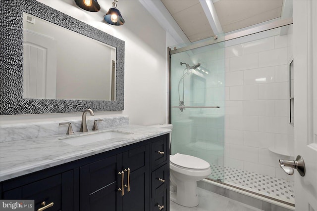 3 129th St Unit 7, Ocean City, MD 21842 - bathroom with toilet, vanity, a stall shower, beam ceiling, and tile patterned flooring
