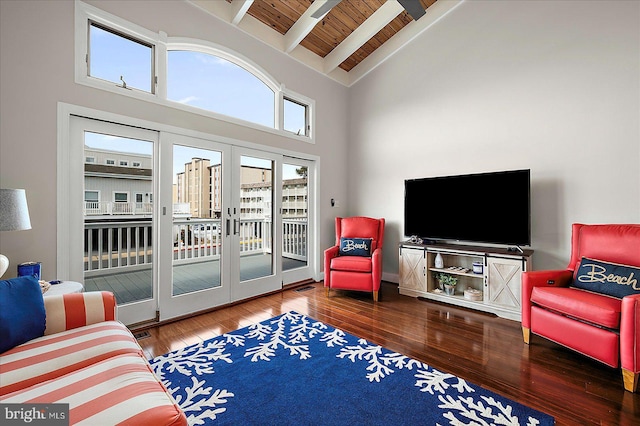 3 129th St Unit 7, Ocean City, MD 21842 - living area with wood-type flooring, high vaulted ceiling, and wooden ceiling with exposed beams
