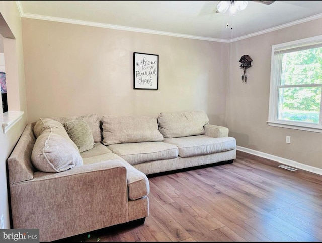 608 Tacketts Mill Rd, Stafford, VA 22556 - living room featuring wood-type flooring, ornamental molding, a ceiling fan, and baseboards