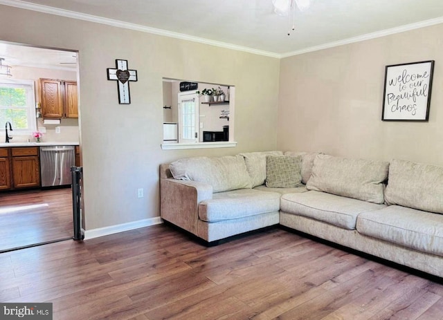 608 Tacketts Mill Rd, Stafford, VA 22556 - living room with dark wood-style flooring, baseboards, ornamental molding, and a ceiling fan