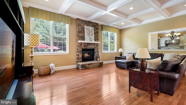 2799 Manion Way, Doylestown, PA 18902 - living area with coffered ceiling, wood-type flooring, beamed ceiling, a fireplace, and a chandelier