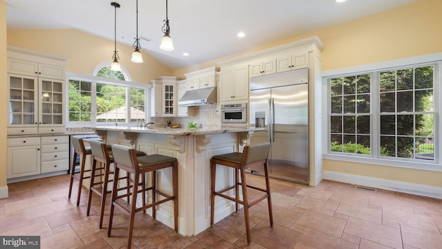 2799 Manion Way, Doylestown, PA 18902 - kitchen with stainless steel appliances, under cabinet range hood, lofted ceiling, tasteful backsplash, and stone tile floors