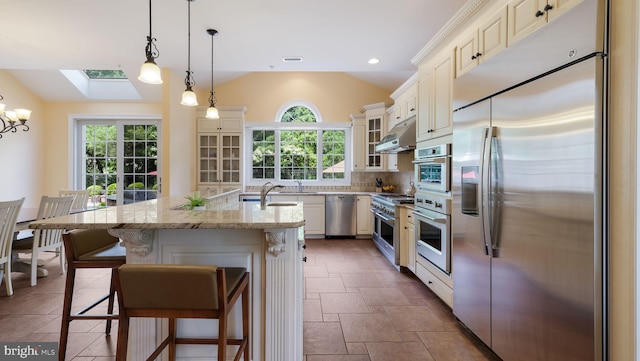 2799 Manion Way, Doylestown, PA 18902 - kitchen featuring stainless steel appliances, a skylight, glass insert cabinets, under cabinet range hood, and backsplash