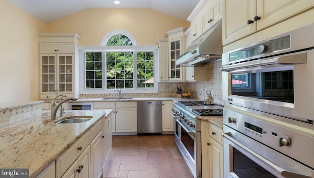 2799 Manion Way, Doylestown, PA 18902 - kitchen with stainless steel appliances, under cabinet range hood, tasteful backsplash, light stone countertops, and lofted ceiling