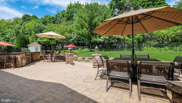 2799 Manion Way, Doylestown, PA 18902 - fenced backyard with exterior kitchen, outdoor dining space, a patio, and view of wooded area