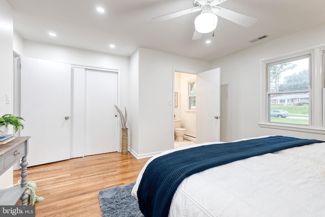 522 Goucher Blvd, Baltimore, MD 21286 - bedroom featuring light wood-style floors, recessed lighting, a closet, ensuite bath, and ceiling fan
