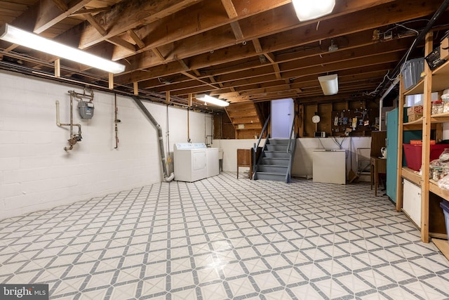 522 Goucher Blvd, Baltimore, MD 21286 - unfinished basement featuring washer and dryer, stairs, gas meter, and fridge