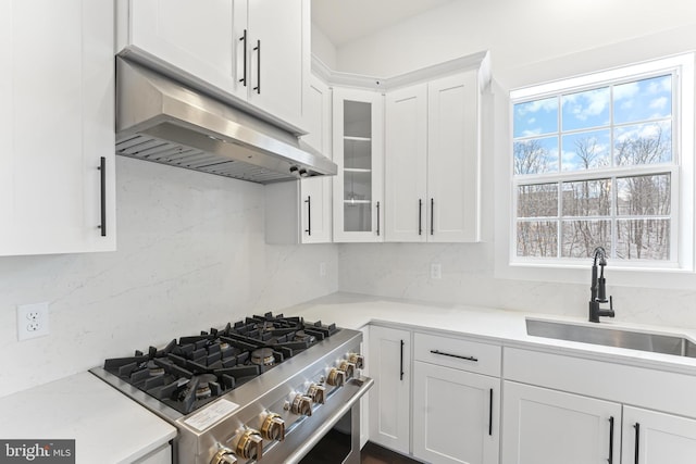 kitchen with high end stove, under cabinet range hood, a sink, white cabinets, and glass insert cabinets