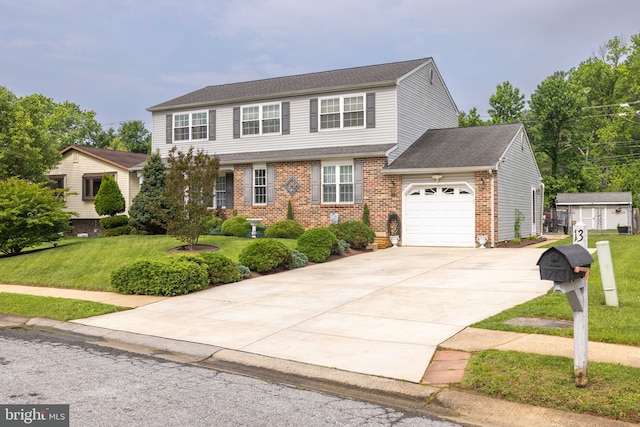 13 Berley Ct, Newark, DE 19702 - view of front of house with a garage, brick siding, driveway, a front lawn, and roof with shingles