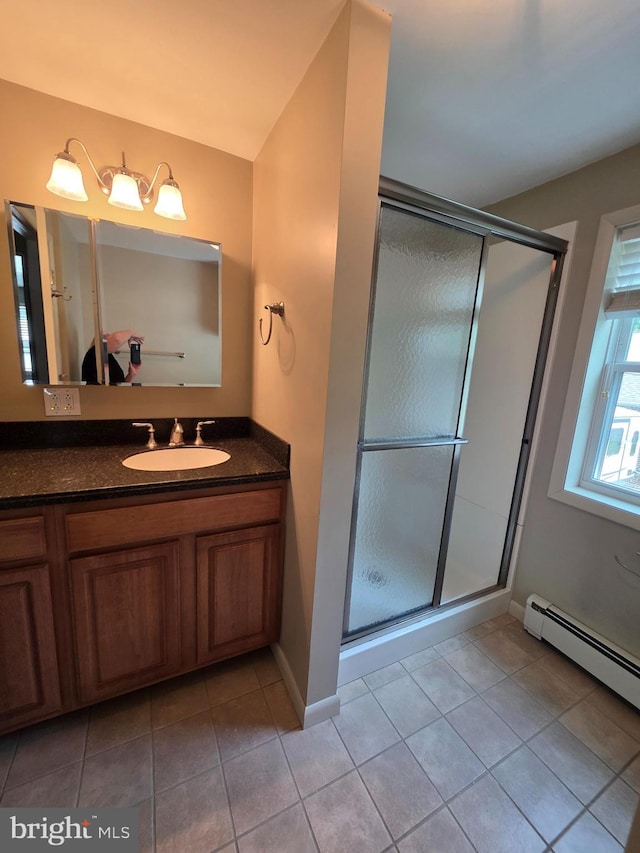 616 Sylvan Pl, Harrisburg, PA 17109 - bathroom with a baseboard radiator, a shower stall, vanity, tile patterned floors, and baseboards