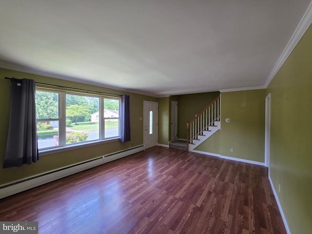 616 Sylvan Pl, Harrisburg, PA 17109 - foyer featuring baseboard heating, wood finished floors, stairs, ornamental molding, and baseboards
