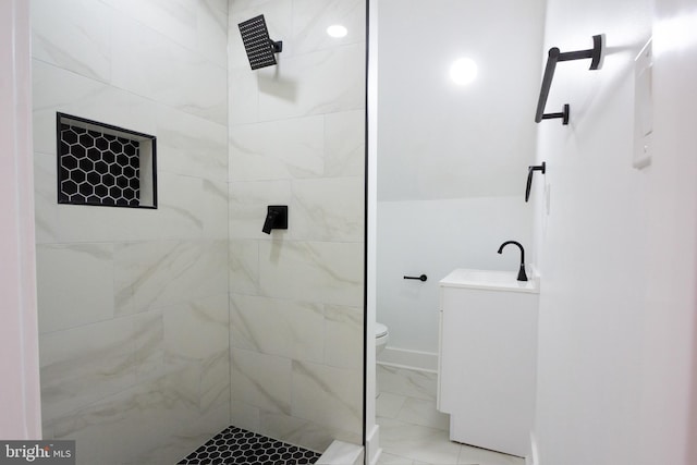 2 Baltimore Ave, Glen Burnie, MD 21061 - bathroom with a tile shower, toilet, marble finish floors, and vanity
