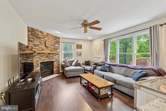 504 Ridge Dr, Douglassville, PA 19518 - living area with a ceiling fan, a fireplace, and dark wood-style floors