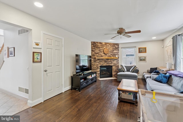 504 Ridge Dr, Douglassville, PA 19518 - living area with a fireplace, ceiling fan, hardwood / wood-style floors, stairs, and recessed lighting