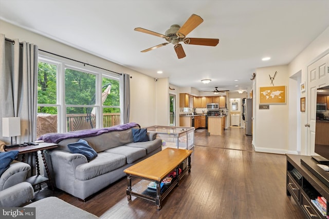 504 Ridge Dr, Douglassville, PA 19518 - living area with a ceiling fan, dark wood-style flooring, baseboards, and recessed lighting