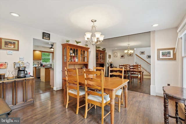 504 Ridge Dr, Douglassville, PA 19518 - dining room featuring a chandelier, dark wood-style flooring, recessed lighting, a ceiling fan, and baseboards