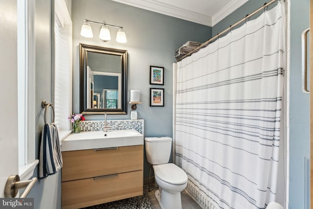 306 S 13th St Unit 8, Philadelphia, PA 19107 - bathroom with toilet, vanity, crown molding, tile patterned flooring, and a shower with shower curtain