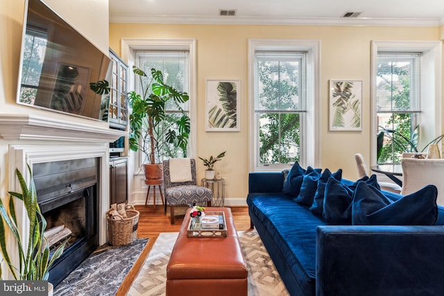 306 S 13th St Unit 8, Philadelphia, PA 19107 - living area featuring healthy amount of natural light, a fireplace with flush hearth, ornamental molding, and wood finished floors