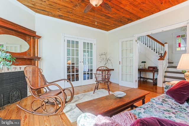 922 8th Ave, Prospect Park, PA 19076 - living area with french doors, wooden ceiling, ornamental molding, stairway, and ceiling fan