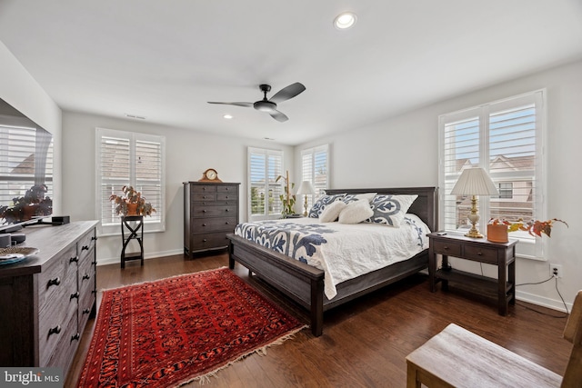 131 Junction Rd, Media, PA 19063 - bedroom with dark wood-type flooring, recessed lighting, baseboards, and a ceiling fan
