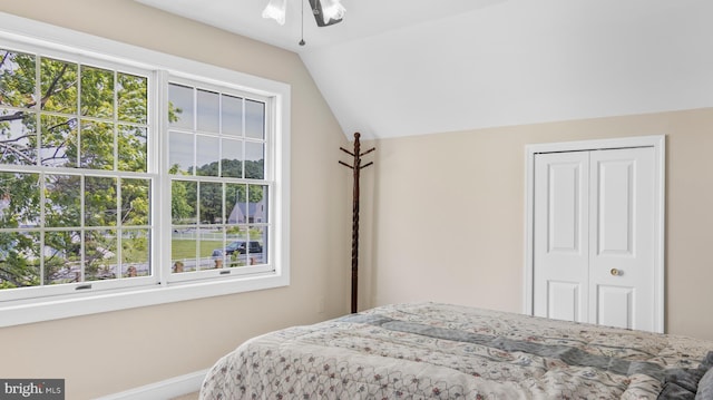 1702 Ferry Point Ct, Trappe, MD 21673 - bedroom with vaulted ceiling, baseboards, a closet, and carpet