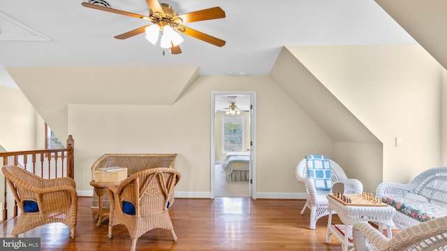1702 Ferry Point Ct, Trappe, MD 21673 - sitting room featuring ceiling fan, wood finished floors, vaulted ceiling, and baseboards