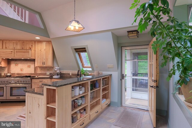 4027 Trego Mountain Rd, Keedysville, MD 21756 - kitchen with range with two ovens, open shelves, light brown cabinets, dark stone counters, and vaulted ceiling