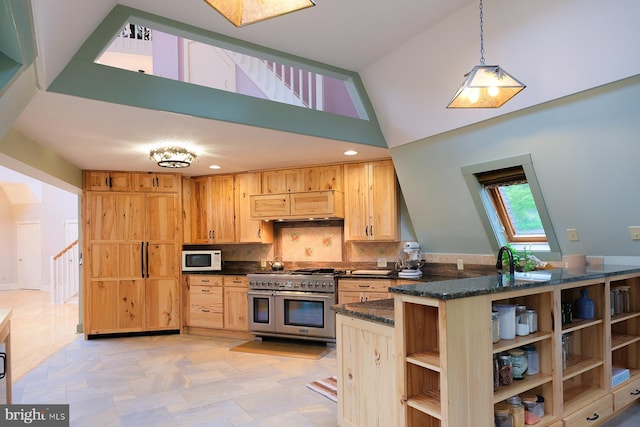 4027 Trego Mountain Rd, Keedysville, MD 21756 - kitchen featuring range with two ovens, white microwave, open shelves, tasteful backsplash, and dark stone counters