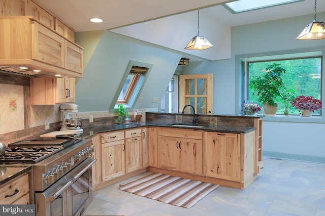 4027 Trego Mountain Rd, Keedysville, MD 21756 - kitchen featuring double oven range, a sink, light brown cabinets, dark stone countertops, and decorative backsplash