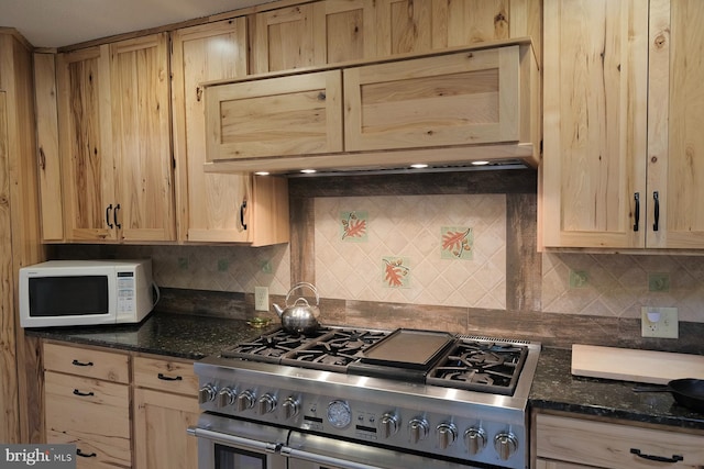 4027 Trego Mountain Rd, Keedysville, MD 21756 - kitchen featuring white microwave, double oven range, backsplash, and light brown cabinetry