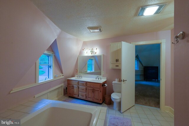 4027 Trego Mountain Rd, Keedysville, MD 21756 - bathroom with toilet, double vanity, a textured ceiling, a garden tub, and tile patterned flooring